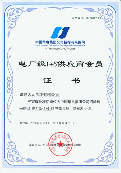 電廠級1+6供應(yīng)商會(huì)員證書